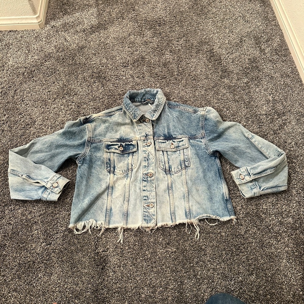Free People Jacket Womens Small Blue Cropped Denim Raw Hem Grunge Western Y2K
